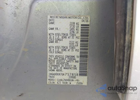 2016 Nissan Frontier Sv z USA, uszkodzony, nr VIN 1N6AD0ER7GN757858